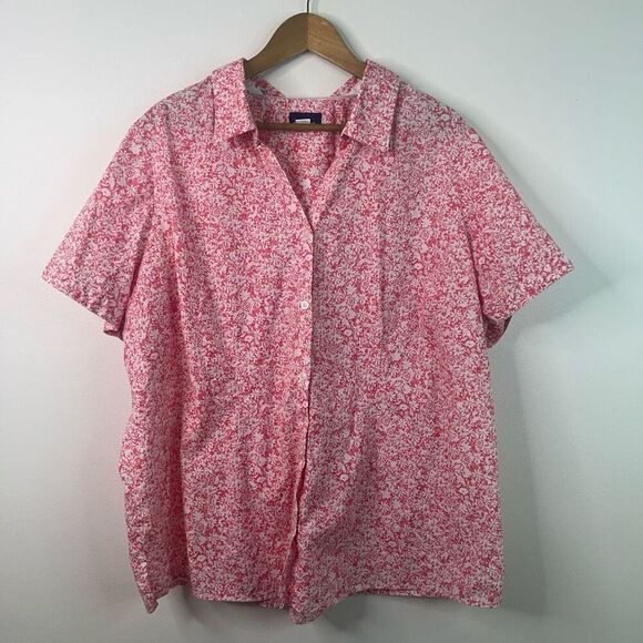Basic Editions Pink Short Sleeve Button Up Cotton Floral Shirt Womens 3X Cottage - Picture 1 of 11